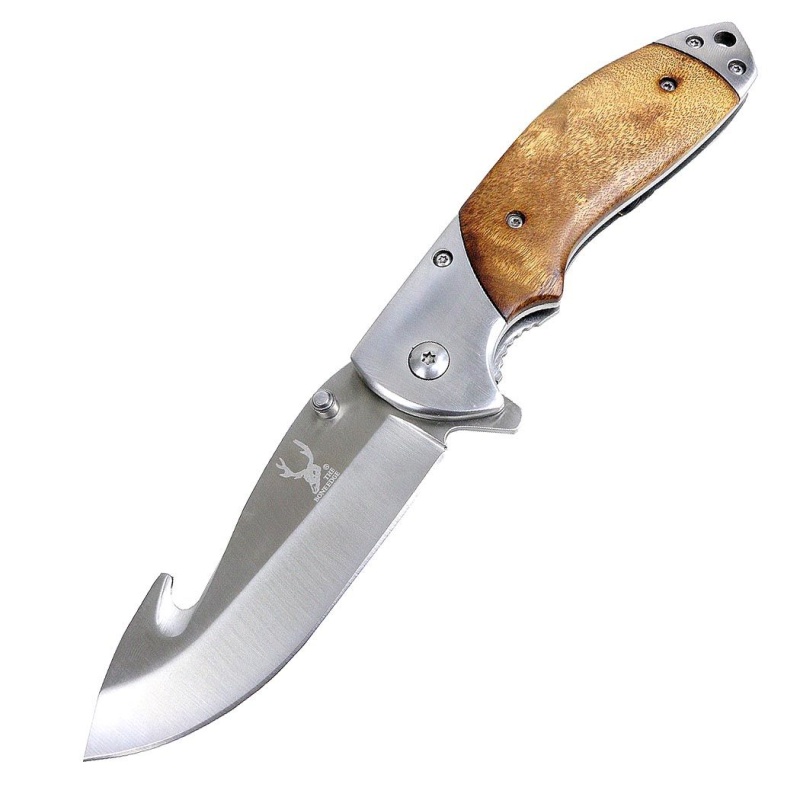 Theboneedge 8.5" Spring Assisted Folding Knife Brown Wood Handle With Belt Clip