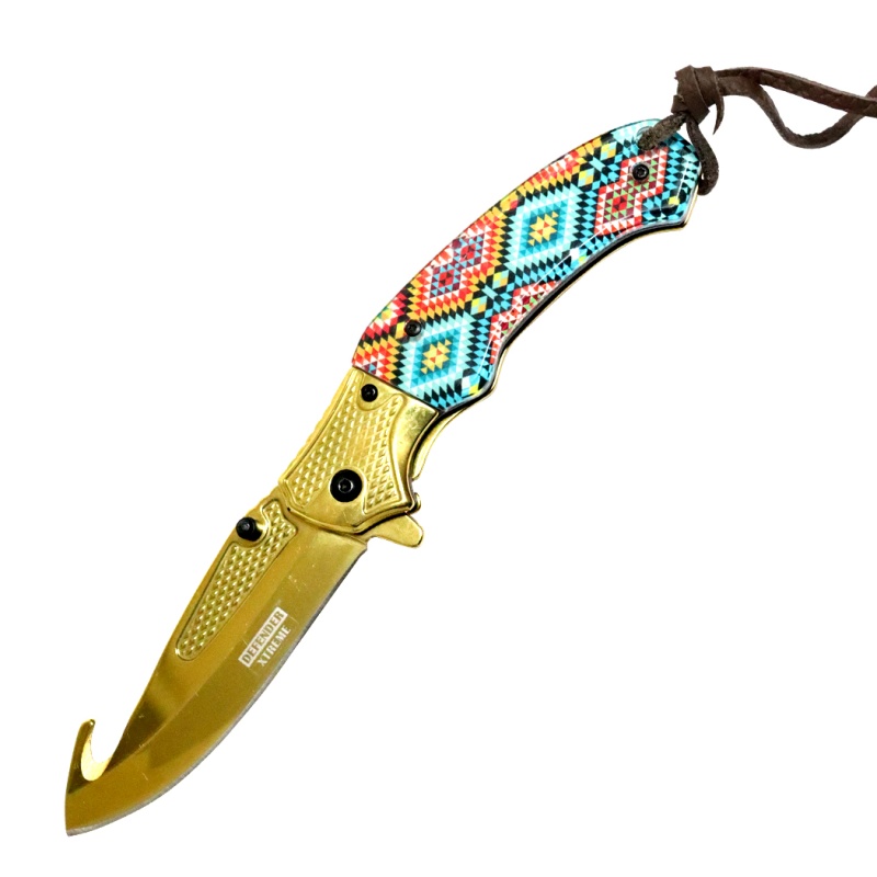 Defender-Xtreme 8" Spring Assisted Folding Knife Gold Blade With Designer Handle