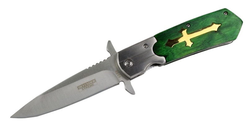 Defender Xtreme Spring Assisted Folding Knife Green Cross Handle