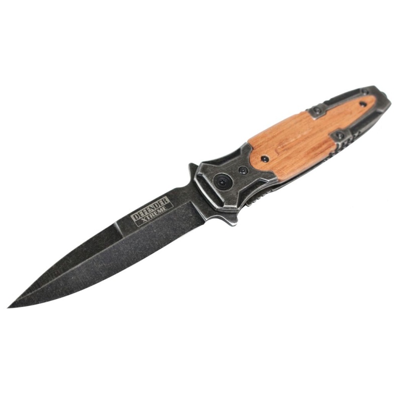 Defender Xtreme Spring Assisted Knife With Stone Washed Blade Wood Handle