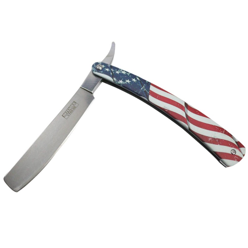 Defender-Xtreme 10" Straight Razor Usa Flag Folding Knife 3Cr13 Stainless