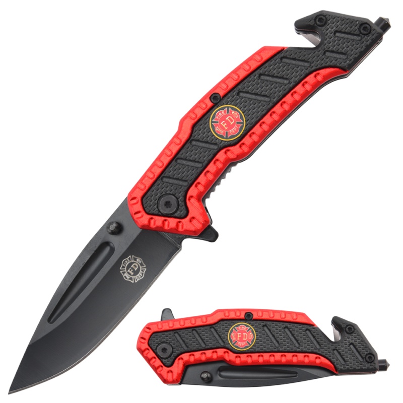 8" Fire Dept Tactical Folding Rescue Knife | Black Blade With Red & Black Abs Handle