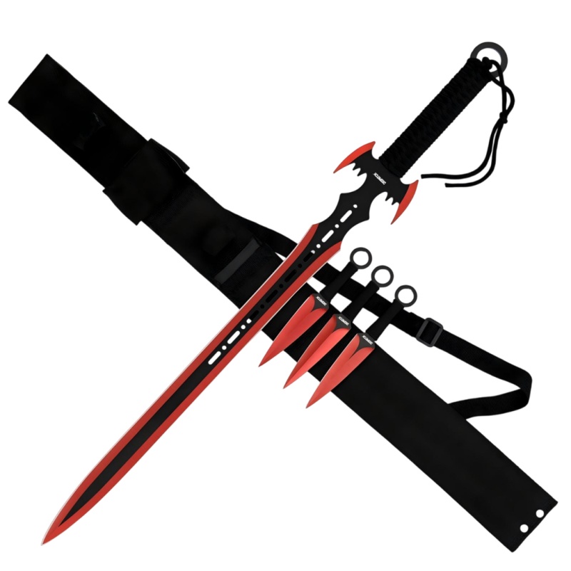 27" Dispatch Red Tactical Sword & 3 Pcs Throwing Knife Set With Back Carry Sheath