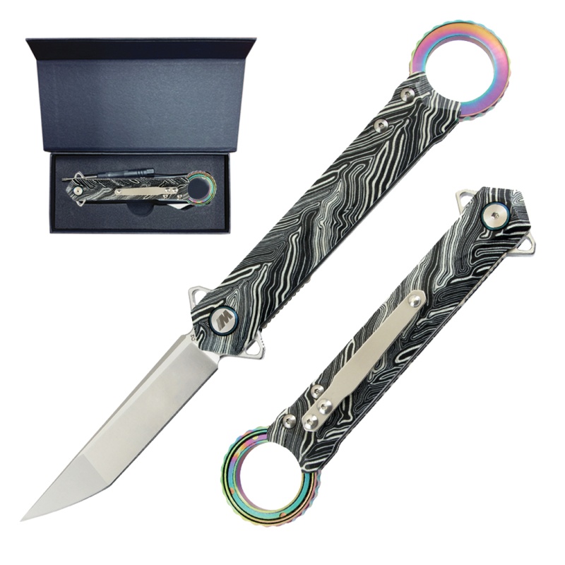 9-Inch Damascus-Pattern G10 Folding Knife with Rainbow Finger Ring
