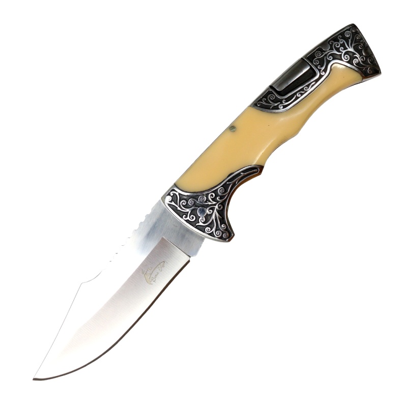 Theboneedge 9" Yellow Jade Resin Handle Engraved Design Folding Knife 3Cr13 Stainless Steel