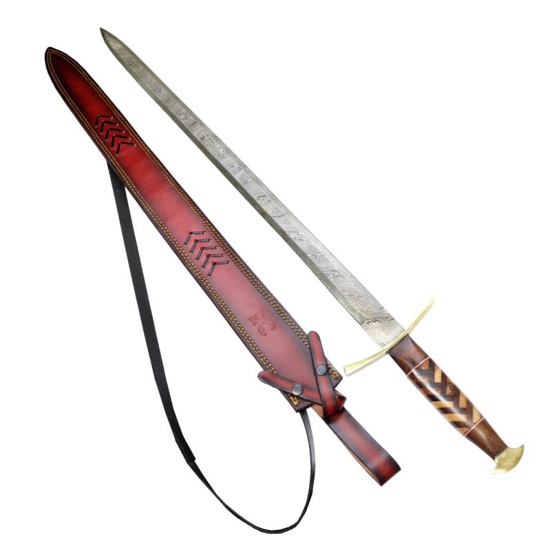 Theboneedge 38.5" Wood Handle Damascus Blade Sword With Genuine Leather Sheath