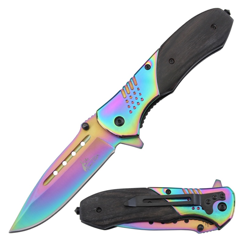 Theboneedge 8.5" All Rainbow Blade Bolster Pakkawood Handle Spring Assisted Folding Knife
