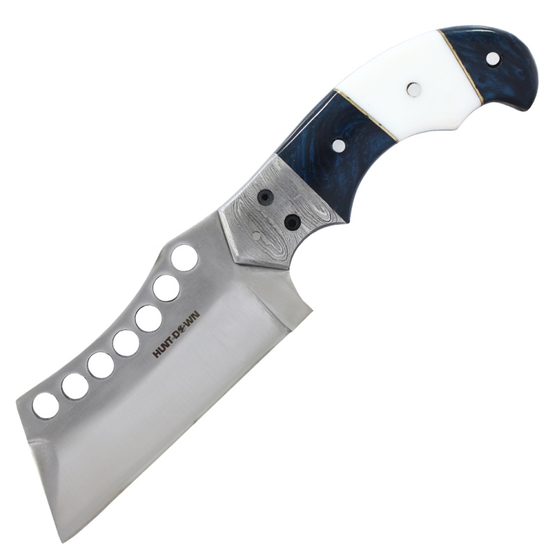 Hunt-Down 9" Blue & White Resin Handle Damascus Bolster Hunting Knife With Leather Sheath