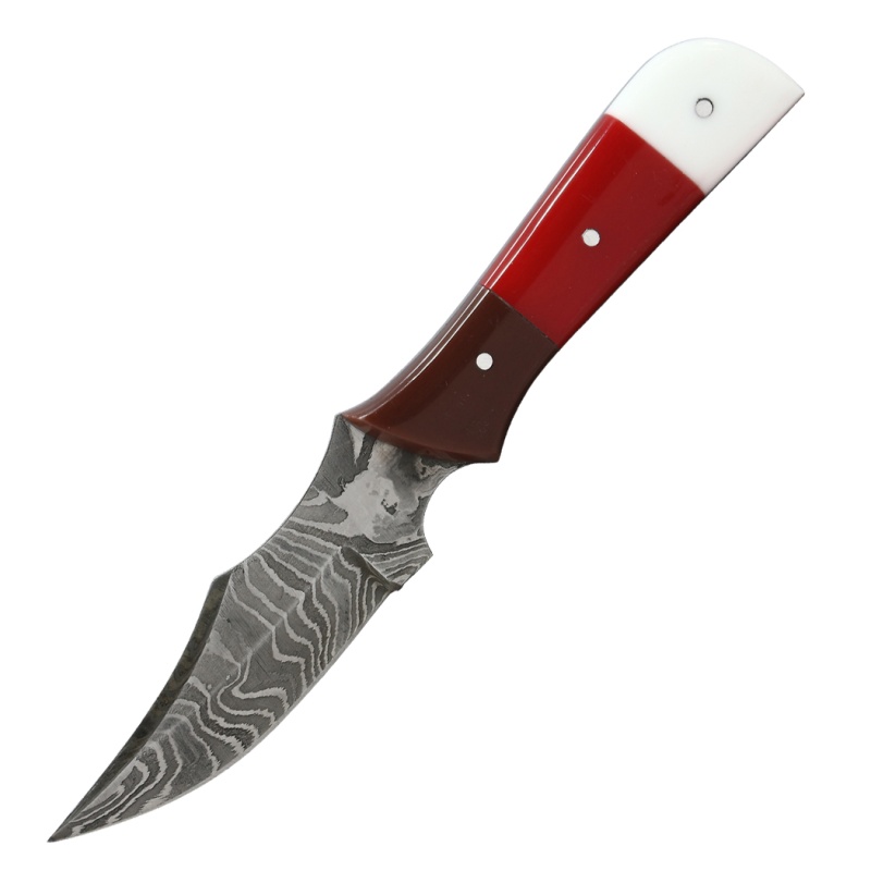 Theboneedge 6.5" Brown/Red/White Resin Handle Damascus Blade Hunting Knife With Sheath
