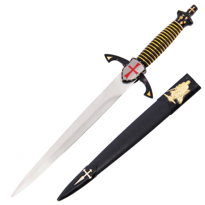15.75" Medieval Knight Dagger With Red Cross Emblem – Gold & Black Zinc Alloy Handle
