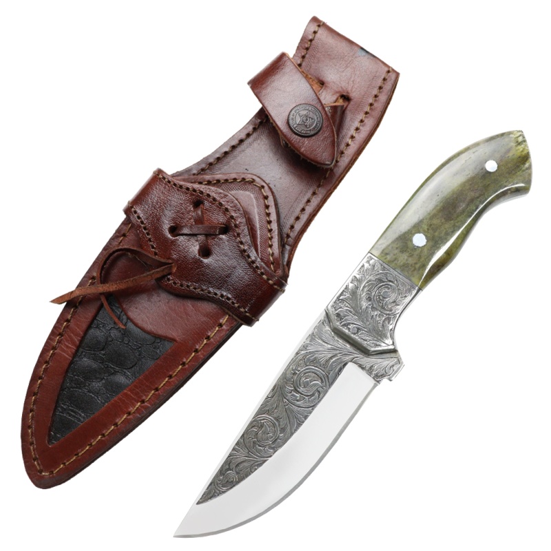 Theboneedge 10" Hand Made Engraved Blade Green & Brown Wood Handle Tracker Hunting Knife With Sheath