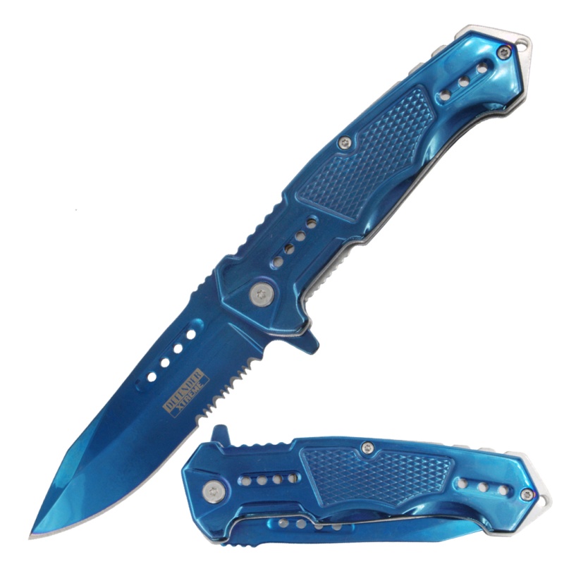 Defender-Xtreme 8.5" Blue Titanium Coating Serrated Blade Spring Assisted Folding Knife 3Cr13 Steel