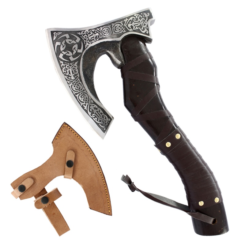 Theboneedge 14" Brown Leather Wrapped Handle Steel Blade Hunting Axe With Sheath