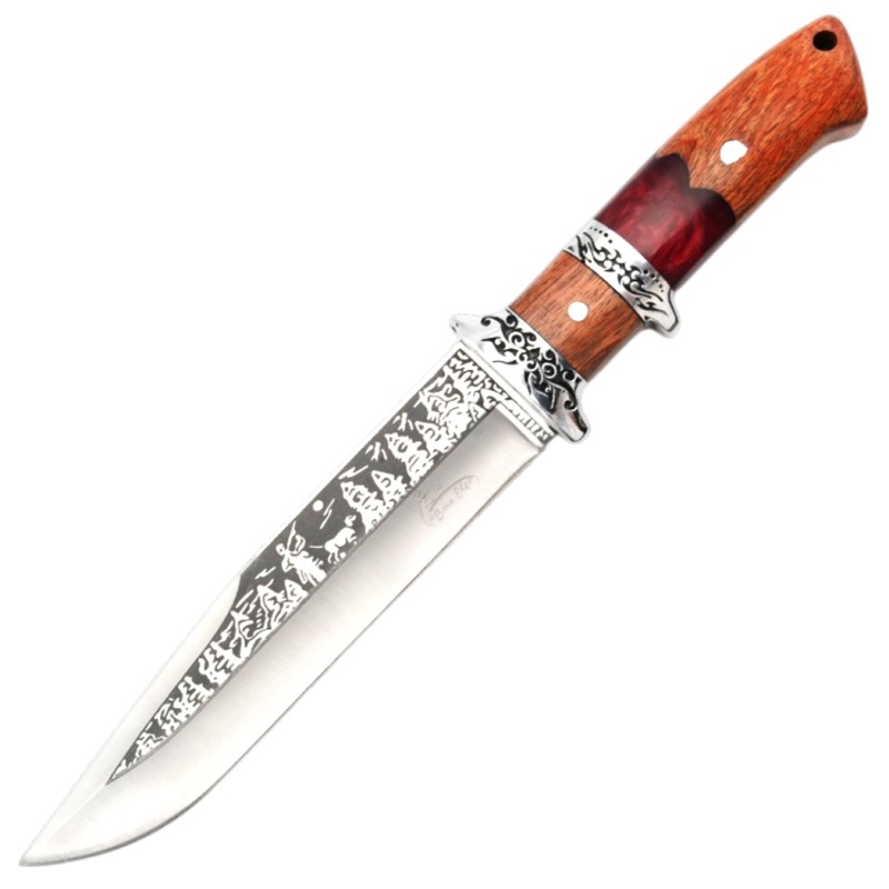 Theboneedge 13.5" Bowie Knife – Electric Etched Blade, Al Alloy, Red Resin & Rose Wood Handle