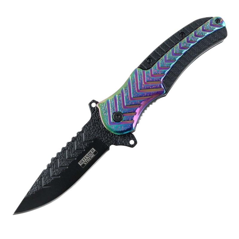 Defender-Xtreme 9" Stainless Steel Spring Assisted Knife Black & Rainbow Handle