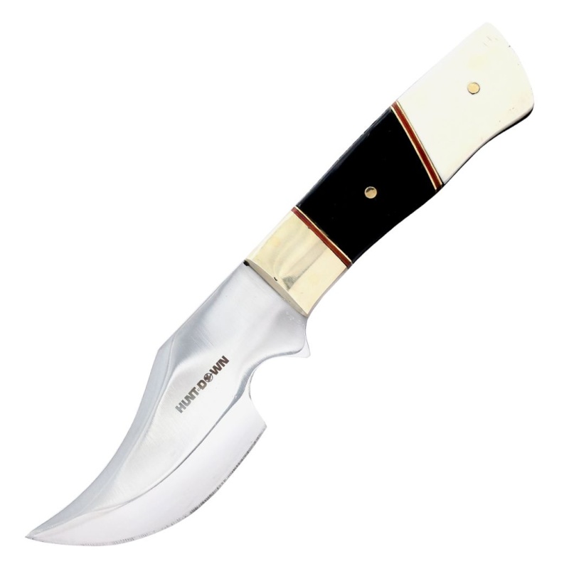 7" Huntdown Full Tang Skinner Knife With Black/White Bone Handle And Leather Sheath