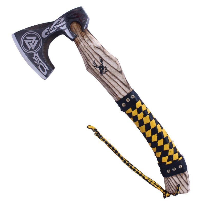 Theboneedge 17.5" Yellow & Black Leather Wrapped Handle Steel Blade Hunting Axe With Sheath