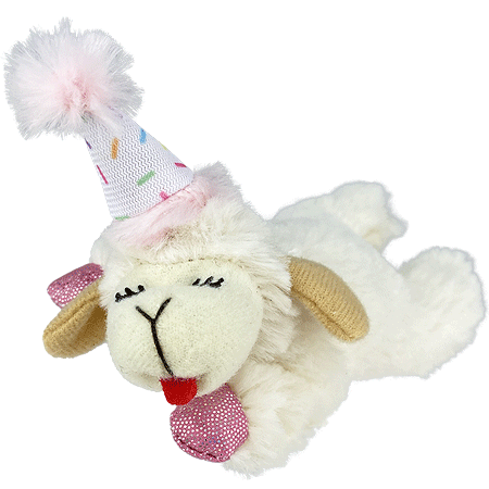 Multipet Lamb Chop W/Birthday Hat Cat Toy 4" Pink