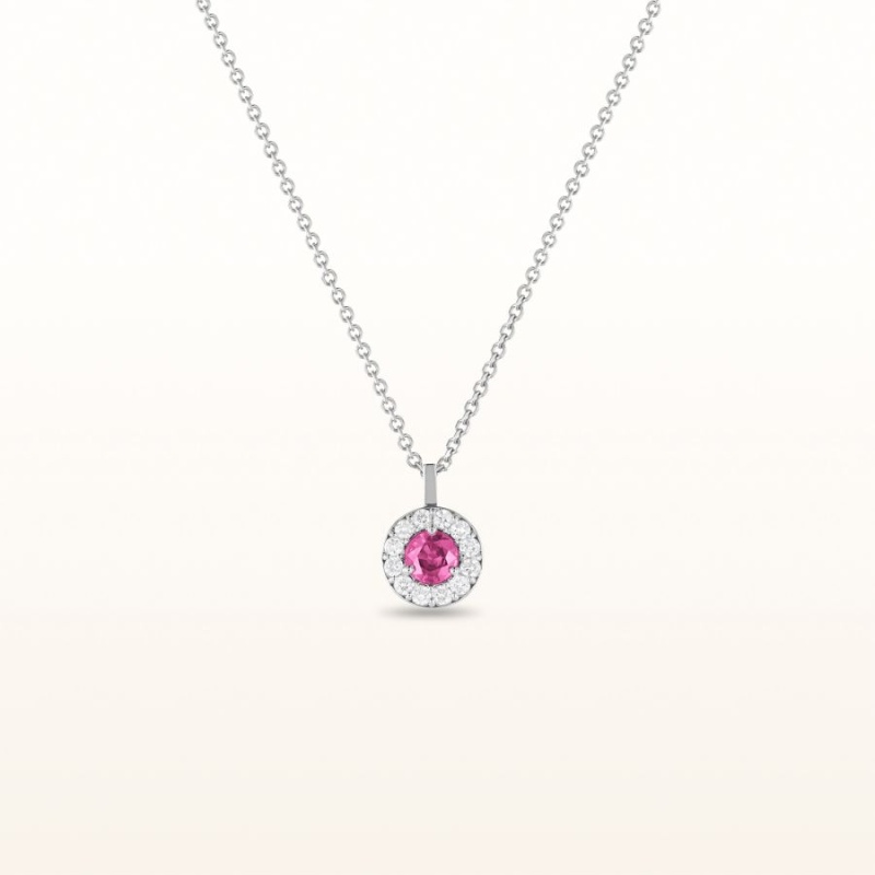 Round 3.0 Mm Pink Sapphire And Diamond Margarita Halo Pendant In 14Kt White Gold