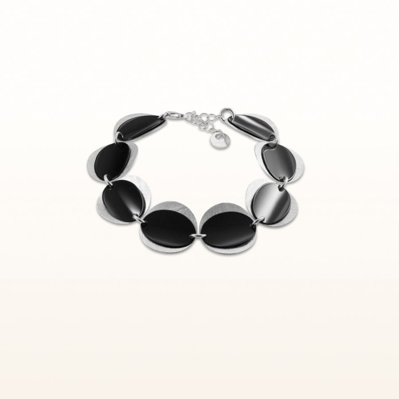 Black Enamel And 925 Sterling Silver Double Layer Concave Disc Bracelet