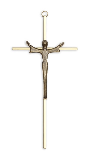 10 Inch Brass Finish Crucifix Cross with Modern Style Corpus