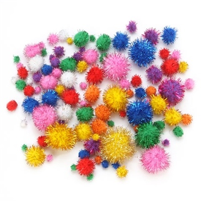 Tinsel Pom Poms - Bright Colors - Assorted Sizes - 25 Pieces