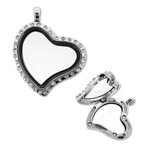 Floating Locket Pendant - Silver Plate Tilted Heart With Stones