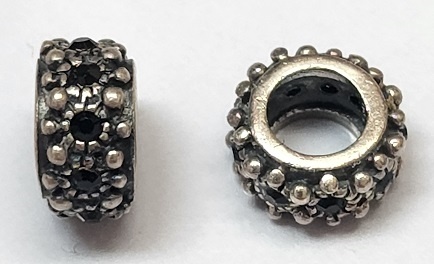 Sterling Large Hole Rondelle Bead - Bali Style With Jet Crystals