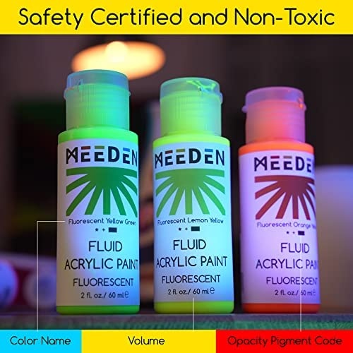 Meeden Fluid Fluorescent Acrylic Paint Set, 6 Vibrant Colors (2 Oz, 60 Ml), Rich Pigments, Non-Toxic High Flow Art Paints For Artists, Adults, Kids, Beginners, Art Supplies For Canvas Painting