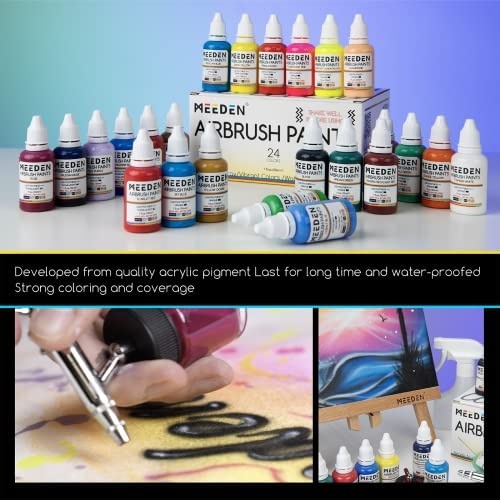 Meeden Airbrush Paint, 24 Colors/30Ml Acrylic Airbrush Paint Kit, Ready To Spray, Water-Based, Non-Toxic Leather & Shoe Airbrush Paint Kit For Beginners, Hobbyist, And Artists, Beginners, And Students
