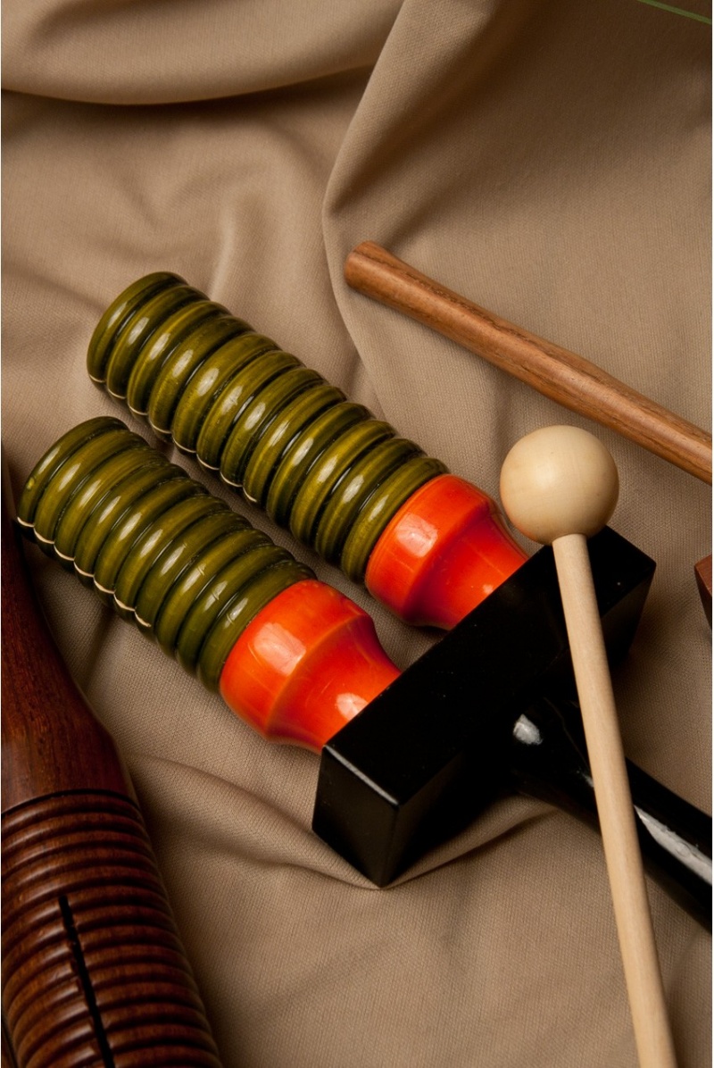 Dobani Wooden Double Bell Agogo W/ Mallet - 9.5 X 3.3-Inch- Green & Orange