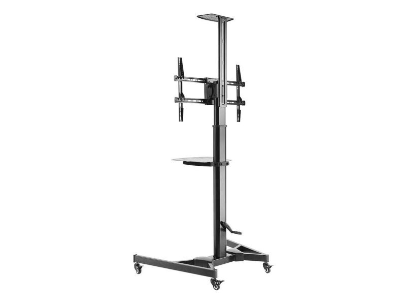 Monoprice Commercial Series Premium Adjustable Rollingtilt Tv Wall Mount Bracket Stand Cart With Media Shelf, For Tvs 37In To 70In, Max Weight 110Lbs, Rotating, Height Adjustable W/ Vesa Up To 600X400