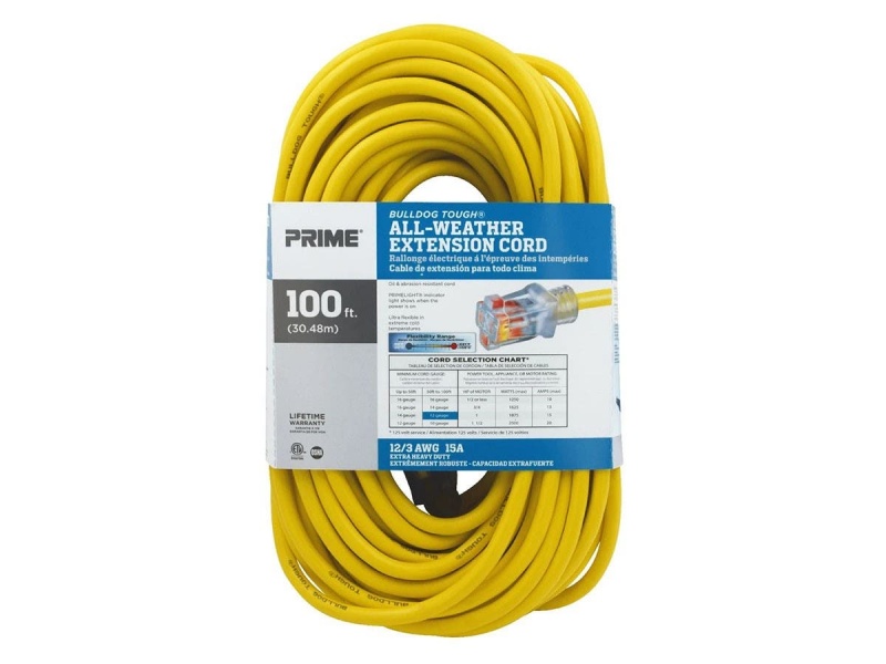 Outdoor Oil Resistant Extension Power Cord, 12Awg, 20A, Sjtow, Yellow, 100Ft