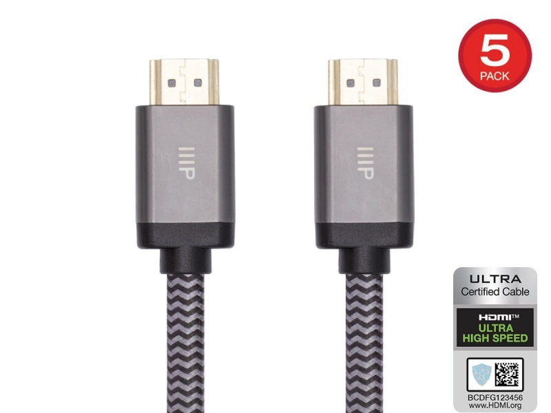 MonoK Certified Braided Ultra High Speed Hdmi Cable - Hdmi 2.1, 8K@60Hz, 48Gbps, Cl2 In-Wall Rated, 26Awg, 15Ft, Black - 5 Pack