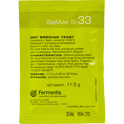 Fermentis Safale S-33 Belgian Ale Dry Beer Yeast