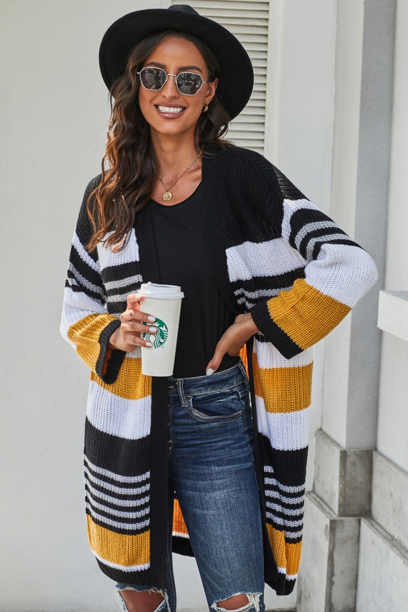 Multicolor Pocketed Novelty Striped Chenille Long Cardigan