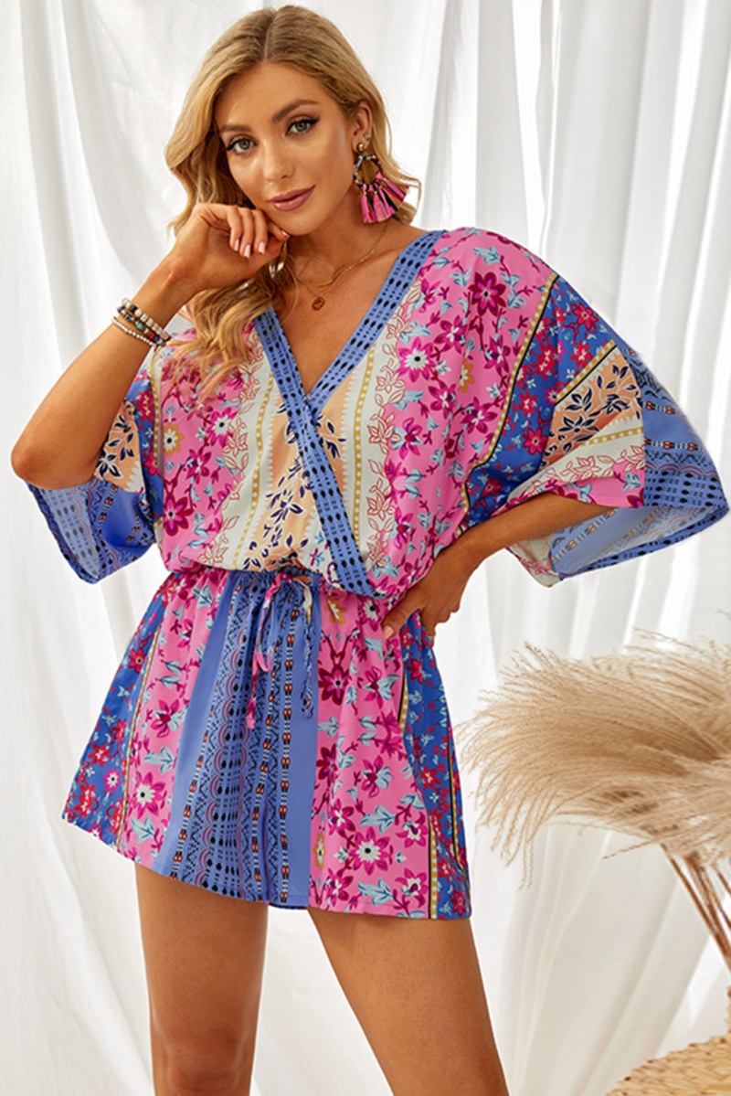 Rosy Floral V Neck Mix Kimono Sleeve Romper