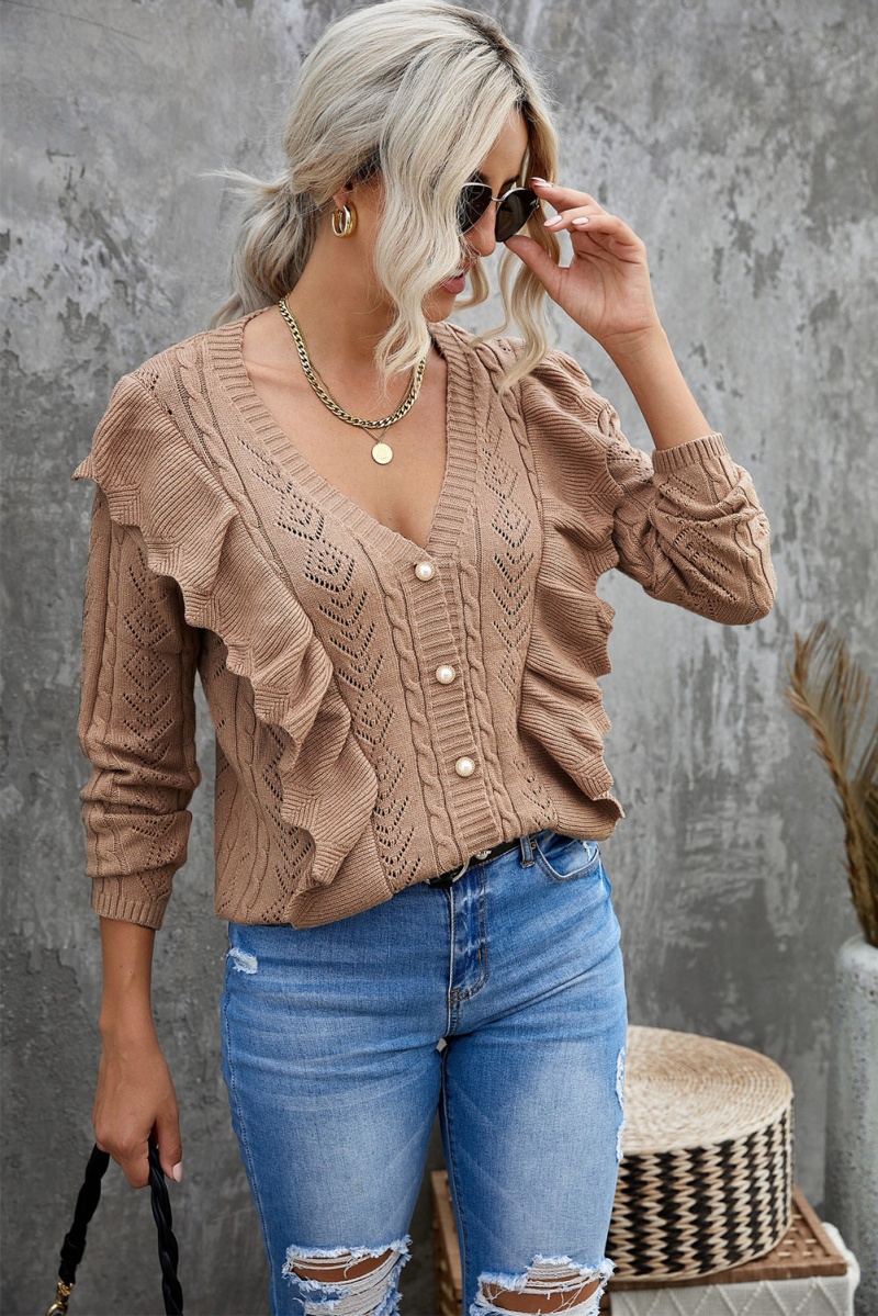 Khaki Ruffled Buttoned Open Front V Neck Knitted Sweater