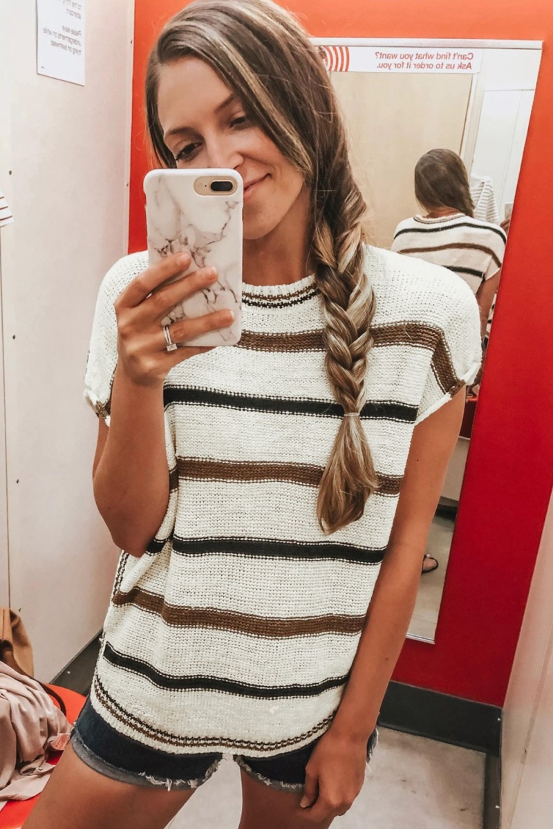 Women's White Striped Short Sleeve Knit Top