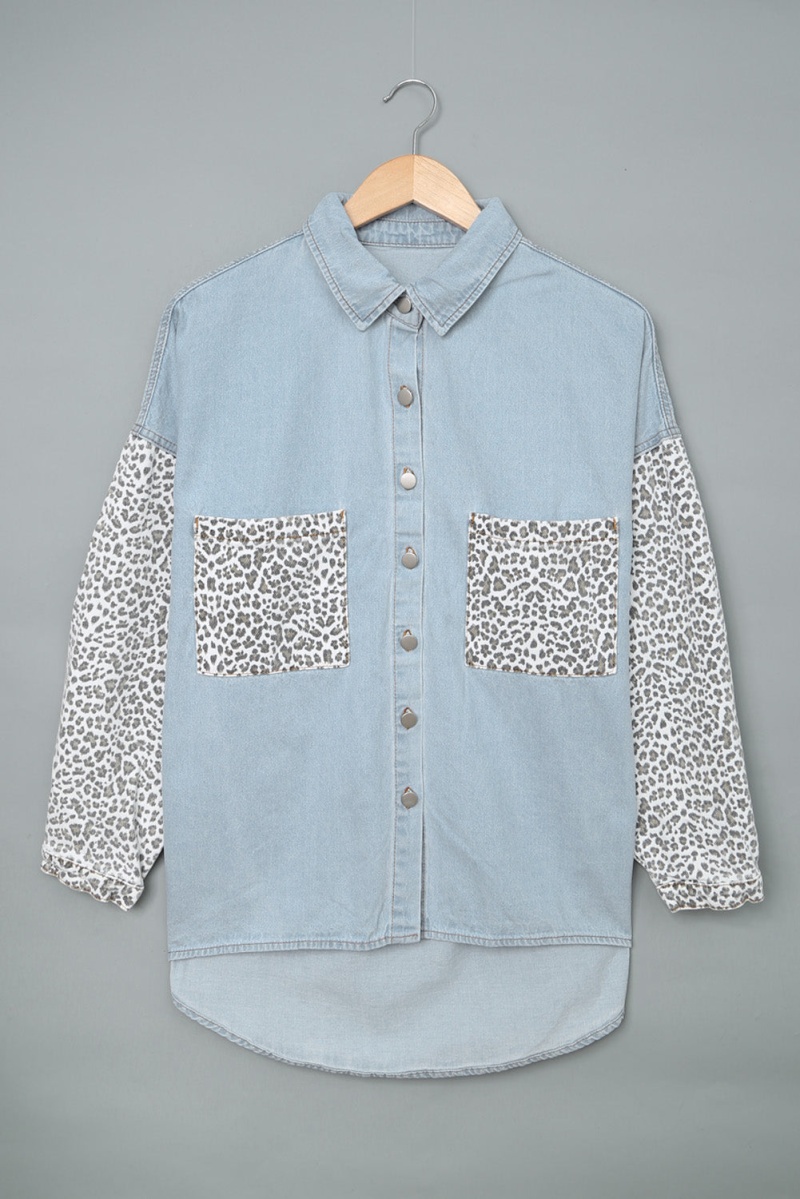 Women's Sky Blue Contrast Leopard Denim Jacket