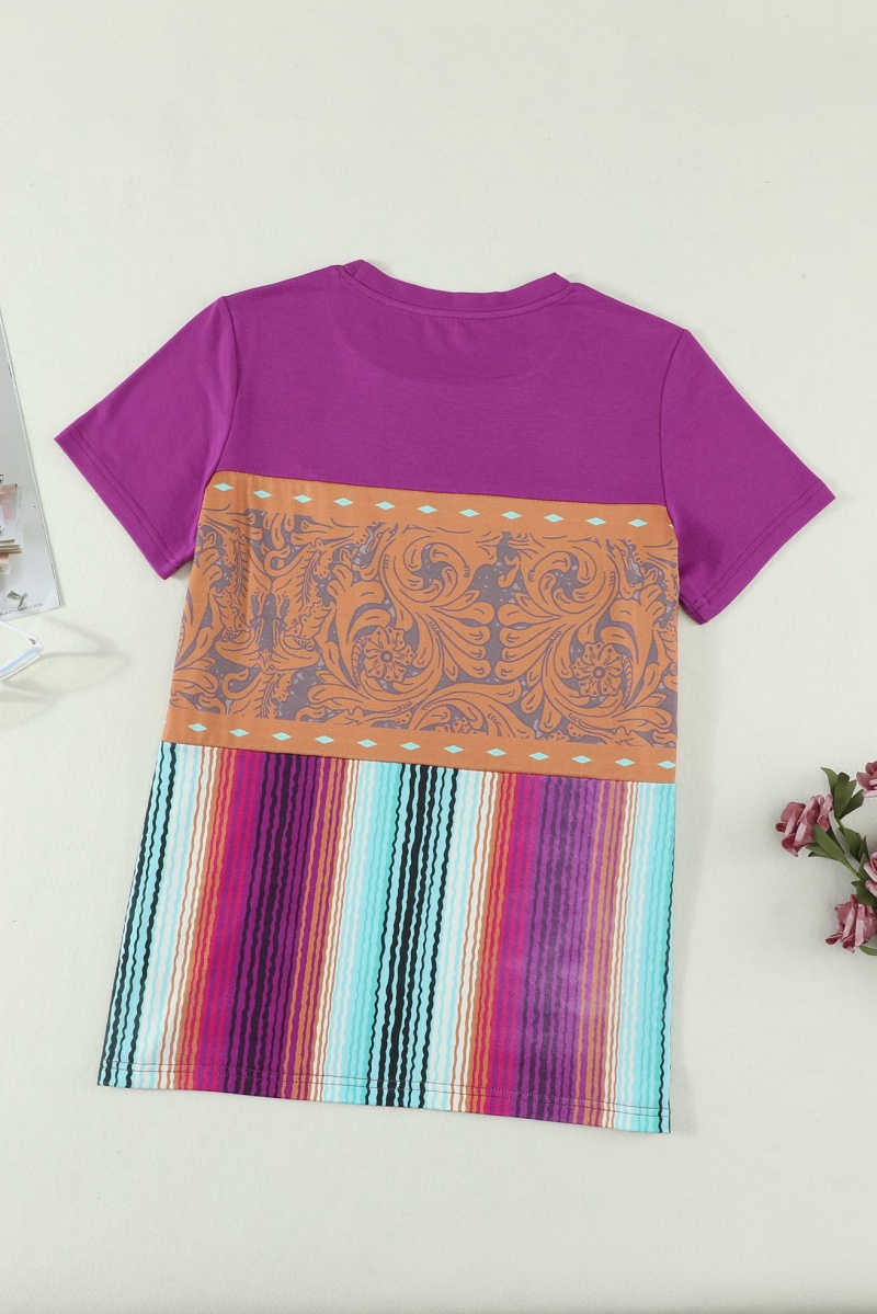 Purple Colorblock Short Sleeve Splicing Mixed Prints T-Shirt