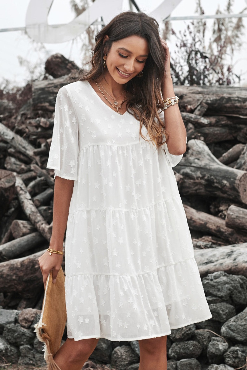 Chic White Short Sleeve V Neck Tiered Babydoll Lace Dress