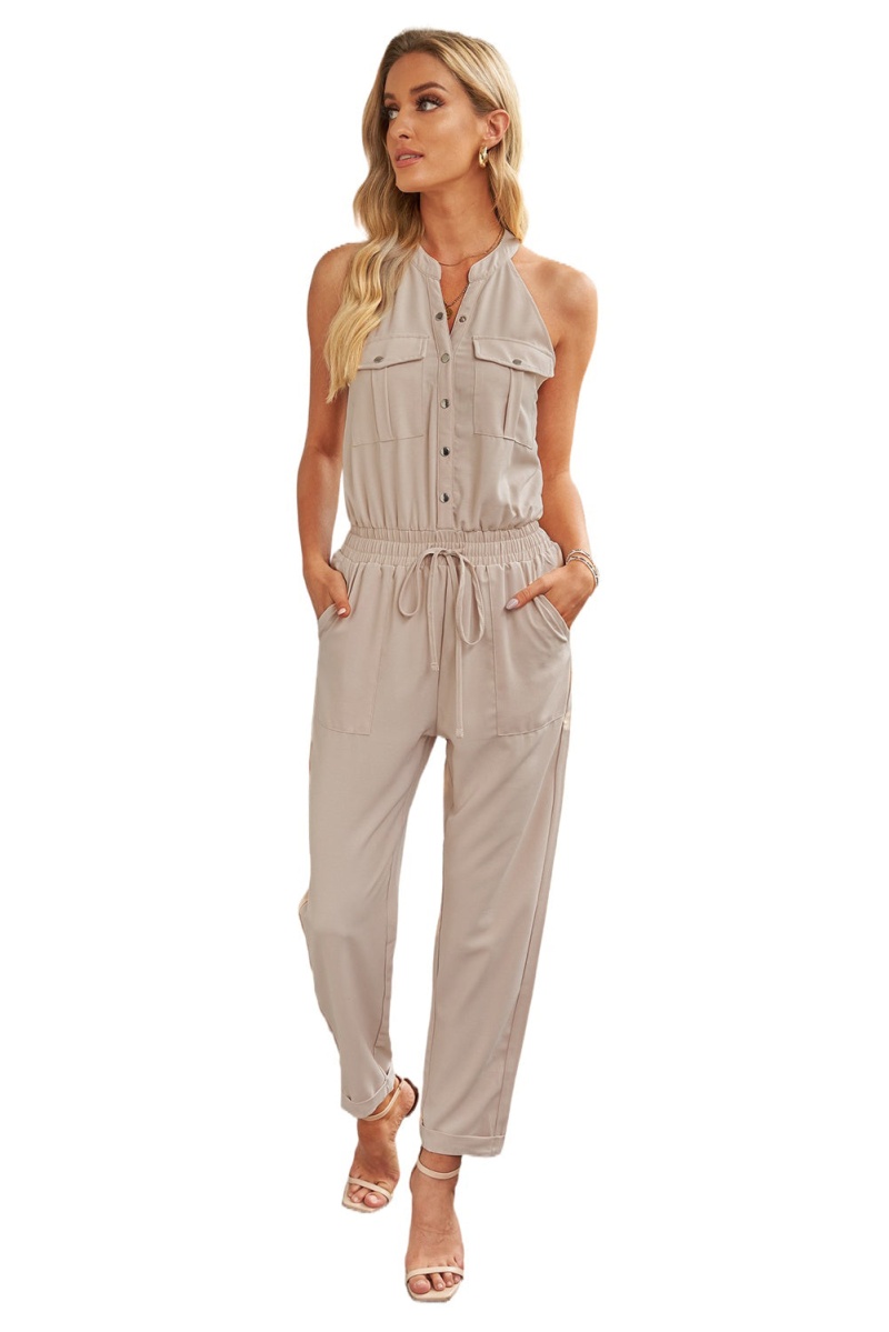 Apricot Button Front Patch Pockets Sleeveless Casual Jumpsuit