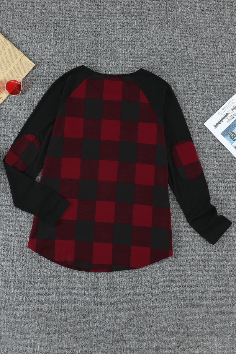 Red Plaid Elbow Patch Long Sleeve Top