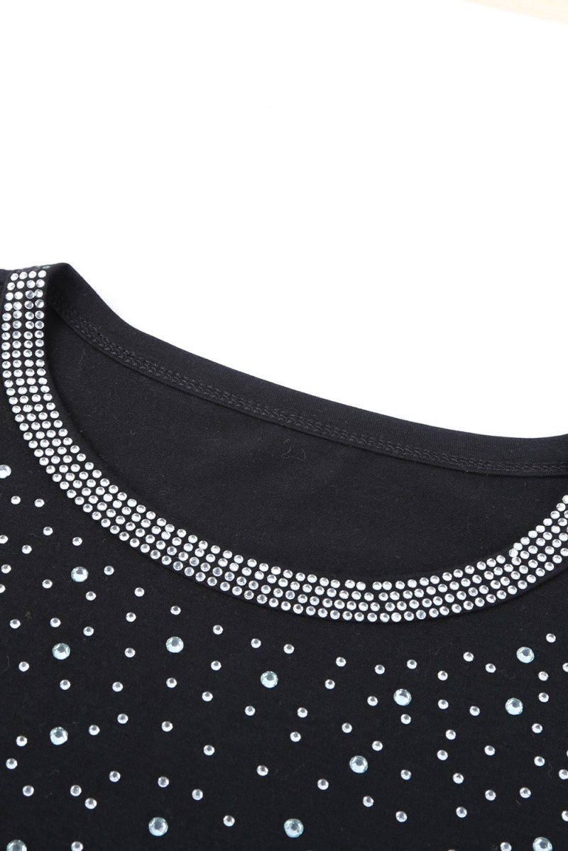 Casual Black Crew Neck Rhinestone Pocket Long Sleeve Top