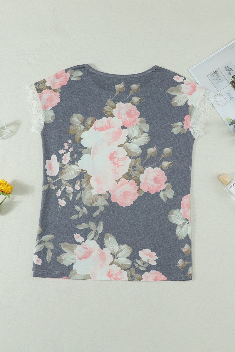 Women's Short Sleeve Floral Print Gray T-Shirt