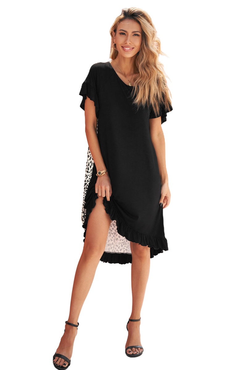 Black Flounce Design Animal Printed Short Sleeve Casual Mini Dress