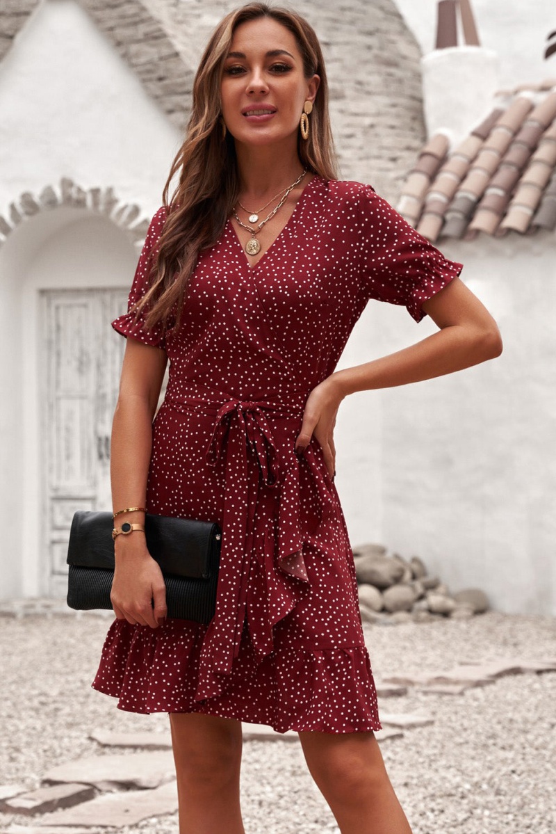 Red Bohemian Dotted Print Wrap V Neck Short Sleeve Ruffled Mini Dress