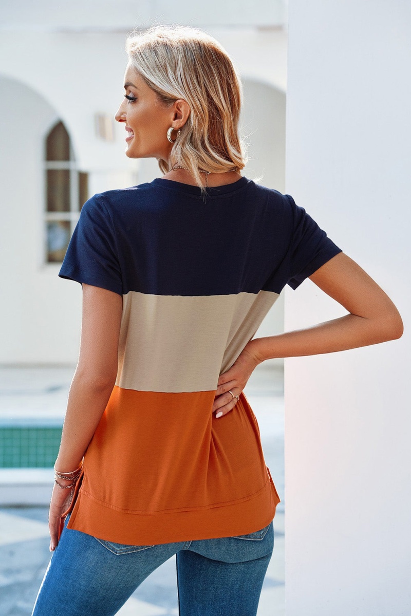 Women's Orange Contrast Colorblock Short Sleeve Casual T-Shirt
