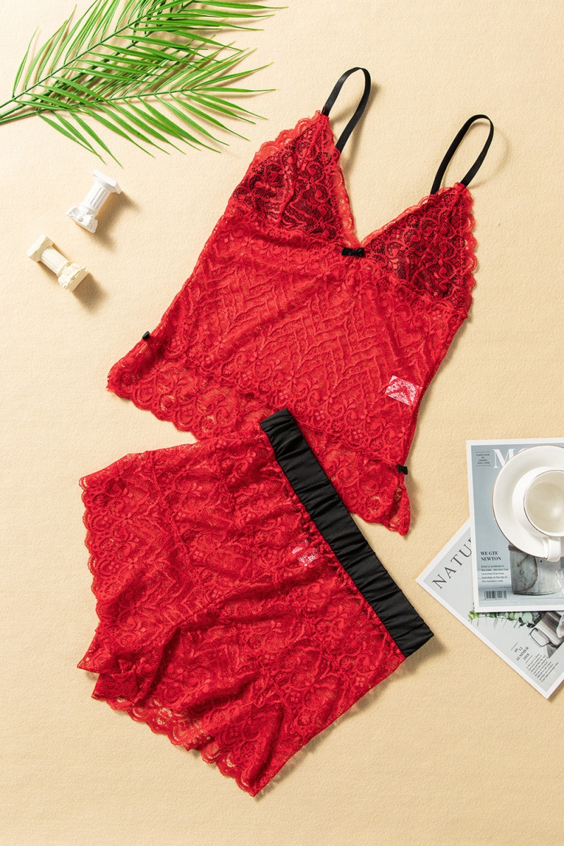 Red Printed Lace Spaghetti Straps Camisole And Shorts Lingerie Set